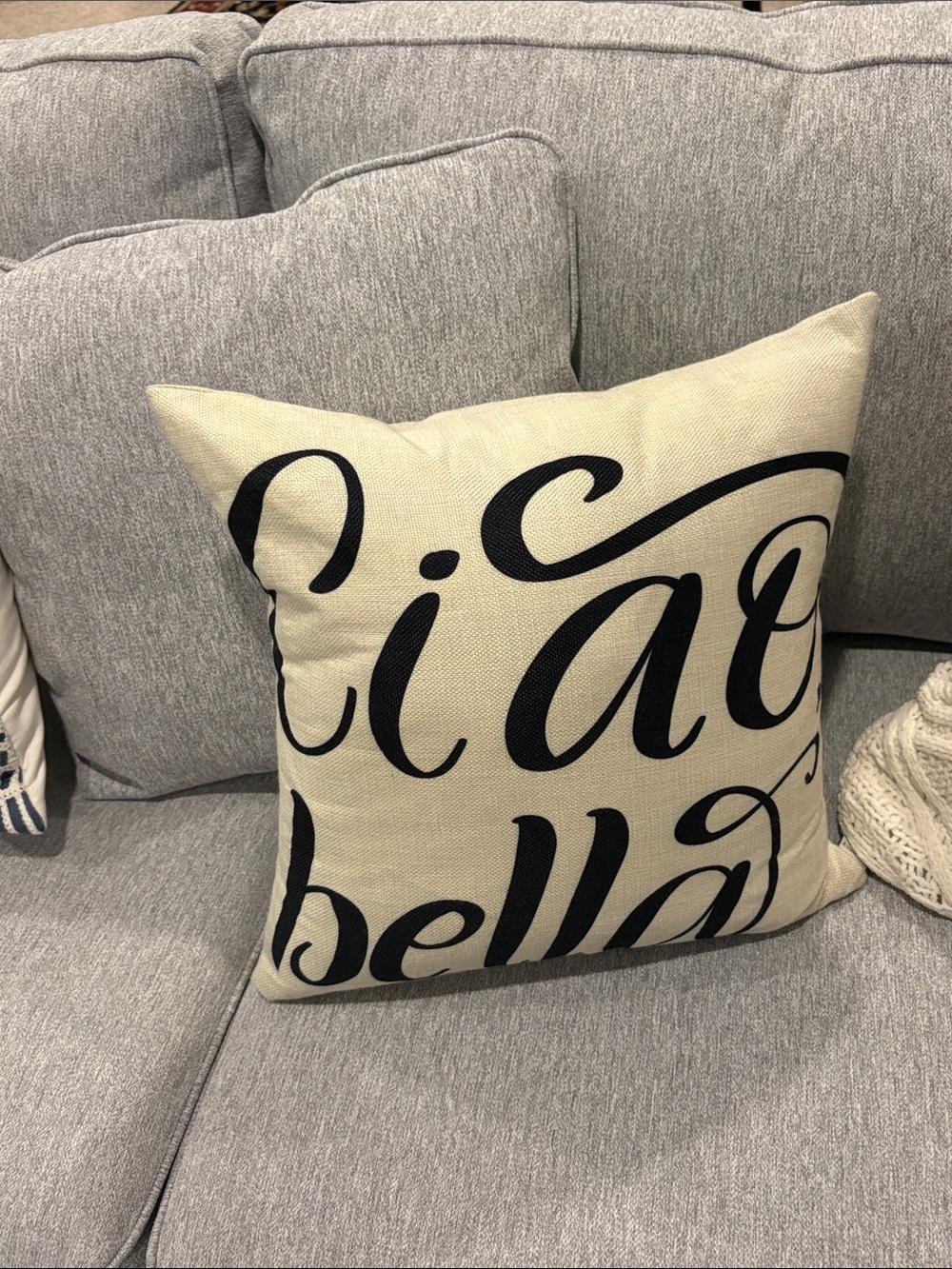 NWOT Ciao Bella' Script Throw Pillow, Emvency Cream and Black, PB Insert, 16X16”